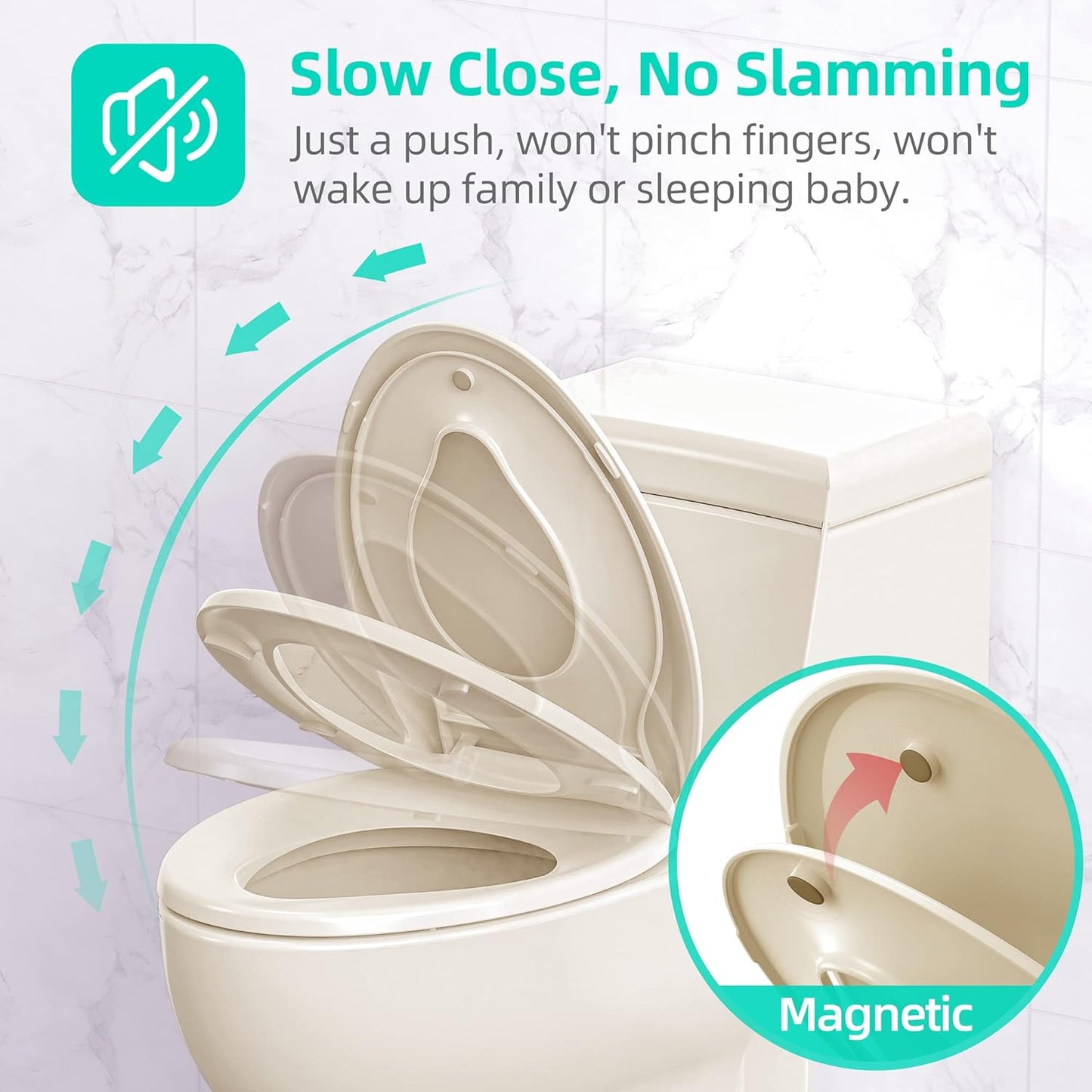 Elongated Toilet Seat with Built-in Potty Training Seat for Toddlers& Adults, Slow Close, Never Loosen, Heavy Duty, Ergonomic, Space Saving Toddler Toilet Seat(Elongated 18.5", Oval)