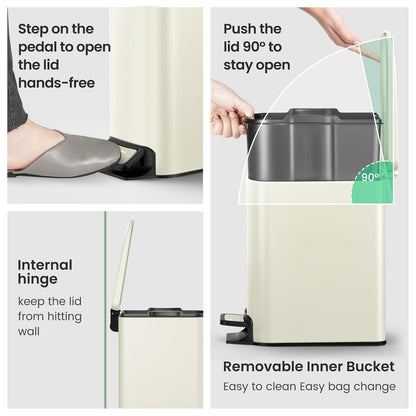 Cesun Small Bathroom Trash Can with Lid Soft Close, Step Pedal, 6 Liter / 1.6 Gallon Stainless Steel Slim Garbage Can for Bedroom, Diaper Waste Basket with Removable Inner Bucket (White)