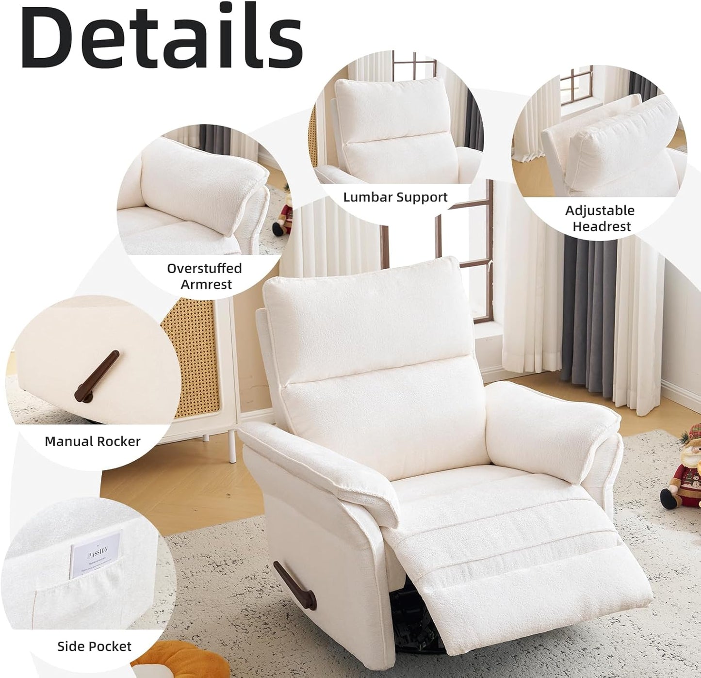 Oversized Glider Rocker Recliner, 26" Extra Wide 360° Swivel Nursery Recliner with Adjustable Headrest, Chenille Rocking Nursery Chair with Overstuffed Armrest, Lumbar Support, Light Grey