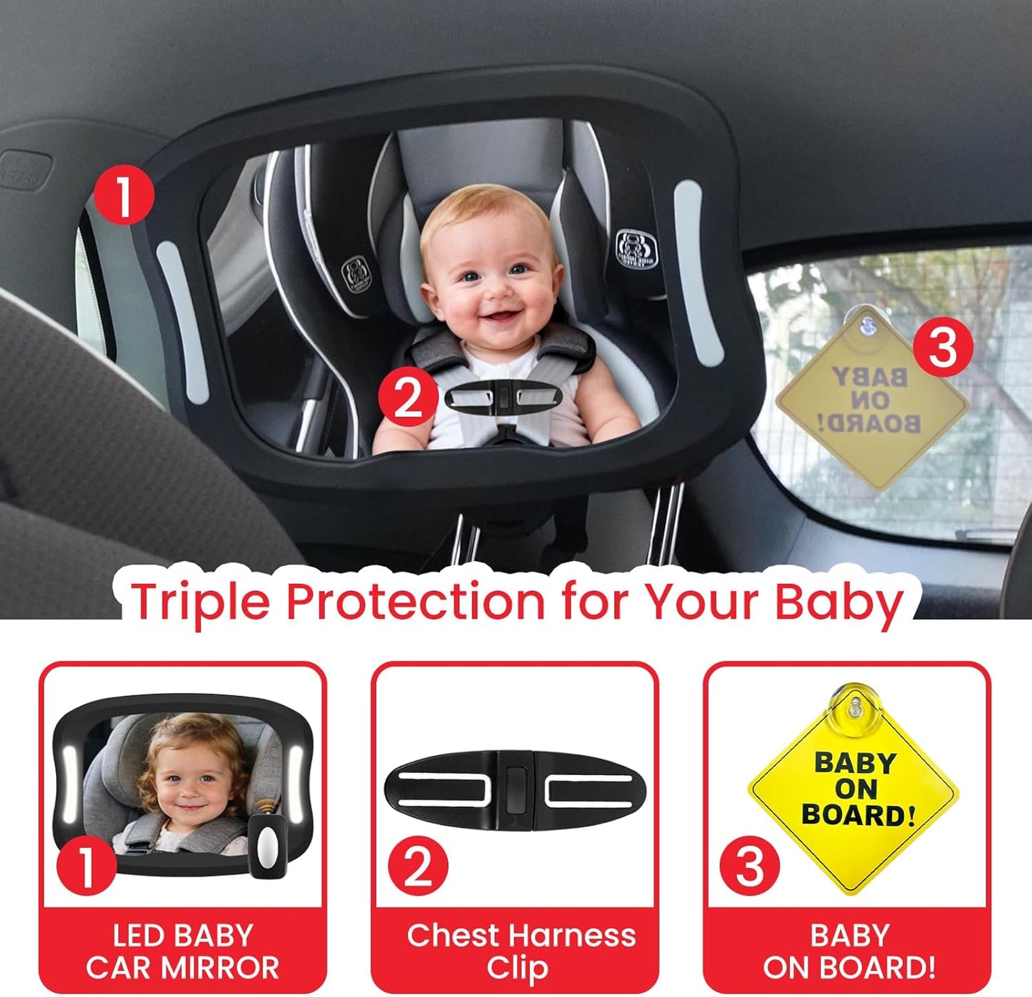 Baby Car Mirror with LED Light & Remote Control - Night Vision Rear Facing Car Seat Mirror, Adjustable Shatterproof Safety Mirrors for Backseat Infant, Universal Fit for Cars, SUVs (Black)