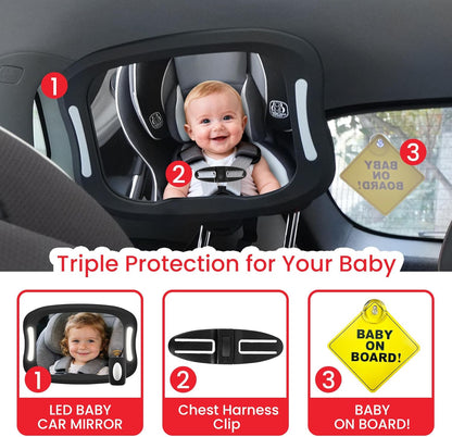 Baby Car Mirror with LED Light & Remote Control - Night Vision Rear Facing Car Seat Mirror, Adjustable Shatterproof Safety Mirrors for Backseat Infant, Universal Fit for Cars, SUVs (Black)