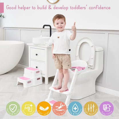 Forbena Potty Training Toilet Seat with Step Stool Ladder, Toddler Kids Potty Seat for Boys Girls, Non Slip Foldable Toilet Training Seat with Soft Cushion, Comfortable Handles (White-Grey)