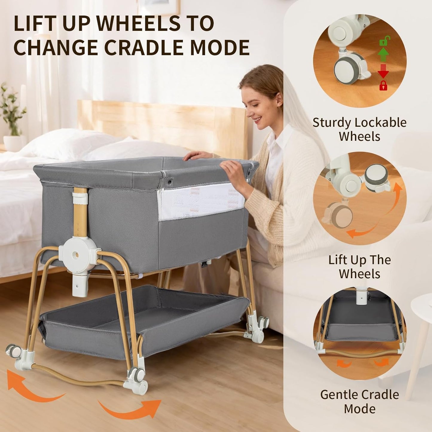 4 in 1 Baby Bassinet | Bassinet Bedside Sleeper for Baby on Wheels with Storage Basket | 7 Height Adjustable Breathable Mesh Rocking Bedside Sleeper with Musquito Net for Newborn (Grey)