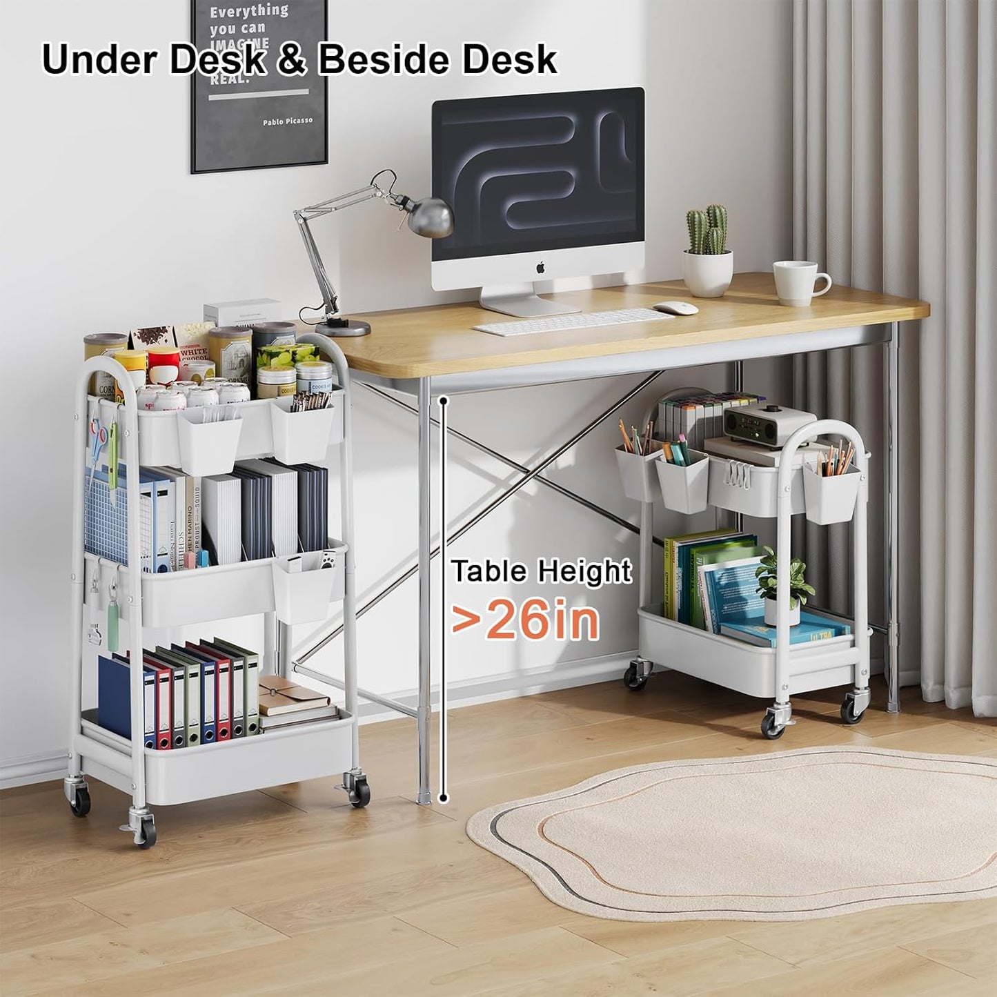 3 Tier Heavy Duty White Metal Rolling Cart with Lockable Wheels, Three Tier Roller Book Snack Cart, Utility Storage Organizer Carts for Kitchen, Bathroom, Garage, Baby Diaper, Craft, Art, Teacher
