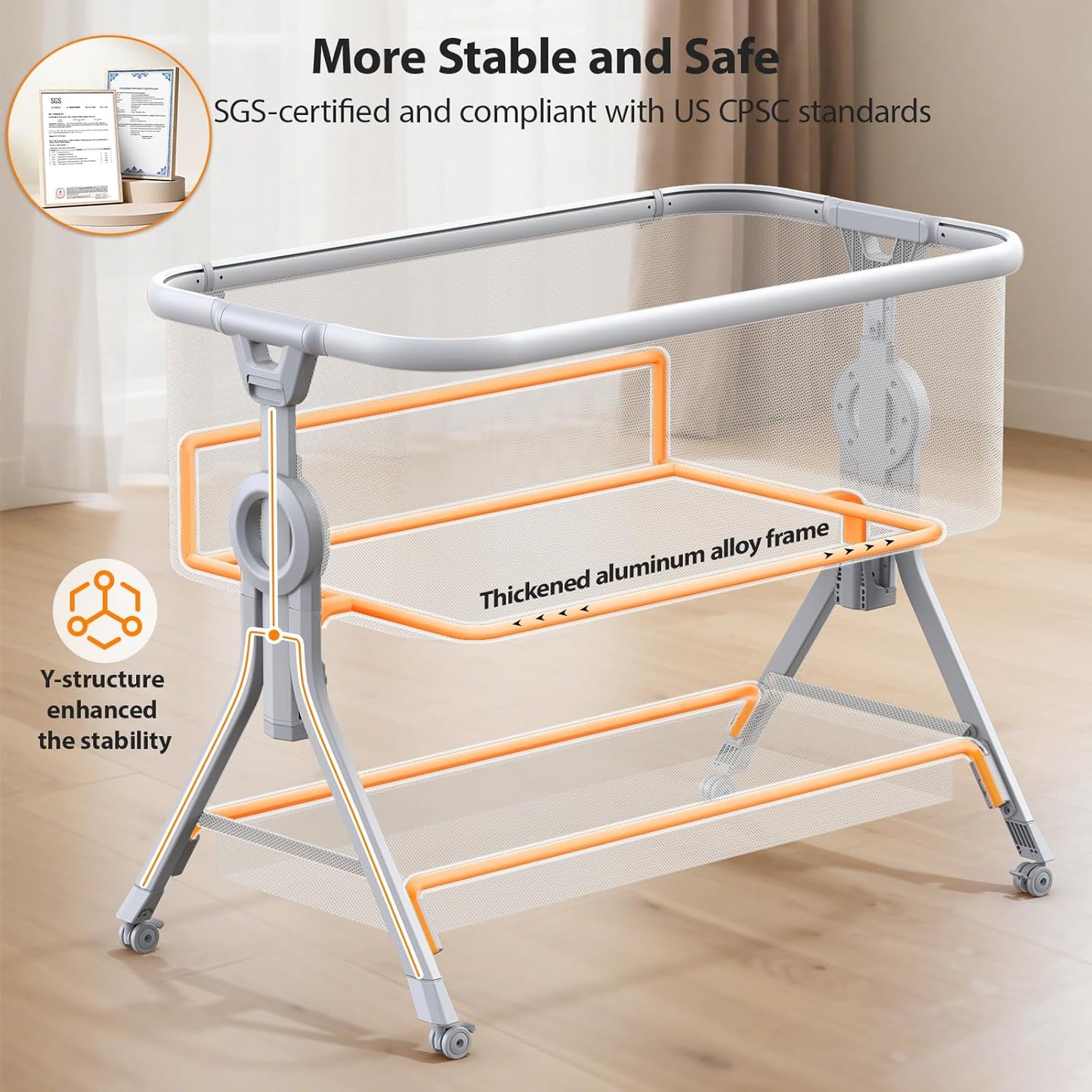 Larex Baby Bassinet Bedside Sleeper Crib Co Sleeper for Newborn Infant Toddler with Mosquito Net, Storage Bag & Basket, 5-Height Adjustable, Movable Wheels, Breathable Mattress & Mesh (Dark Gray)