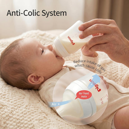 Pigeon PP Nursing Bottle Wide Neck, Anti-Colic, Streamlined Body, Natural Feel, Easy to Clean, 8.1 Oz(Pack of 4), Includes 4pcs M Nipples (3m+)