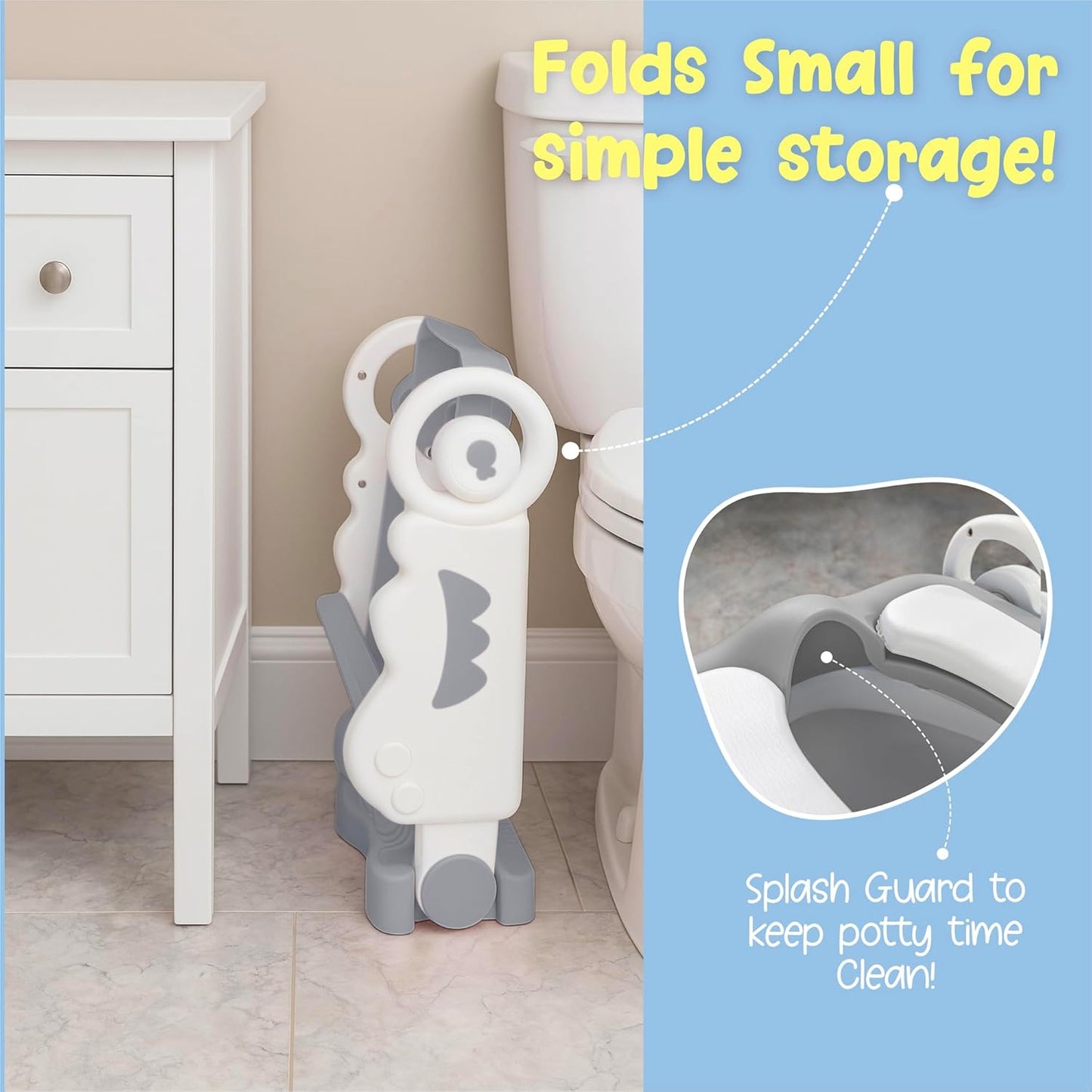 bebeleh Musical & Sound Toddler Potty Training Seat w/Step Stool Ladder - Collapsible & Adjustable Toilet, Pre Assembled Toddler Toilet Seat w/Music & Sounds - Splash Guard & Anti-Slip Steps - Gray