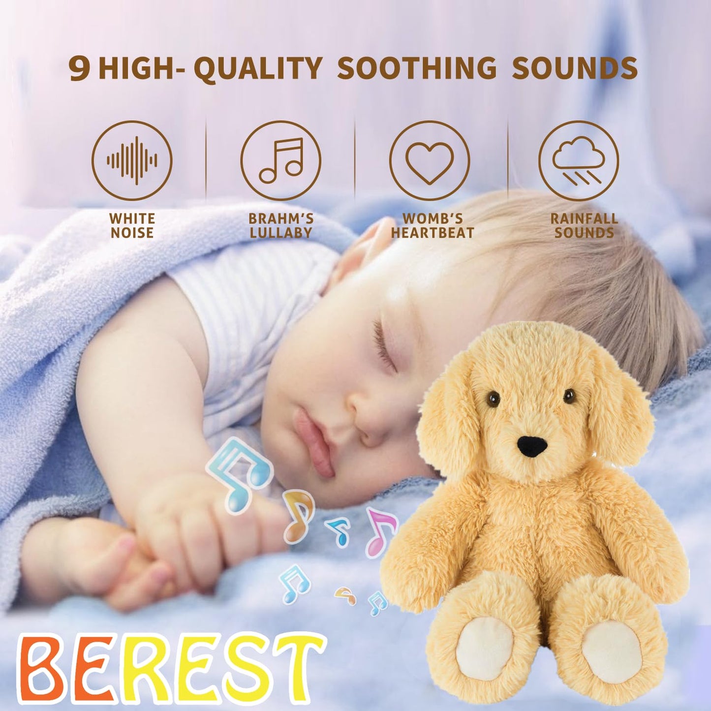 BEREST Baby Cry Activated Sleeping Aid Soother, White Noise Machine Infant Stuffed Animal Baby Gifts Bear Toy with Nursery Decor Night Light, Womb Heartbeat, 9 Soothing Sounds for Toddler Crib