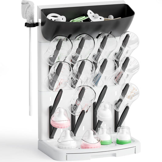 SuoXing Vertical Baby Bottle Drying Rack with Brush- Hold 16 Bottles - Large Breast Pump,Bottle Dryer Rack for Kitchen Countertop,Space Saving Bottle Stand Holder for Pacifiers,Pump Accessories,Grey