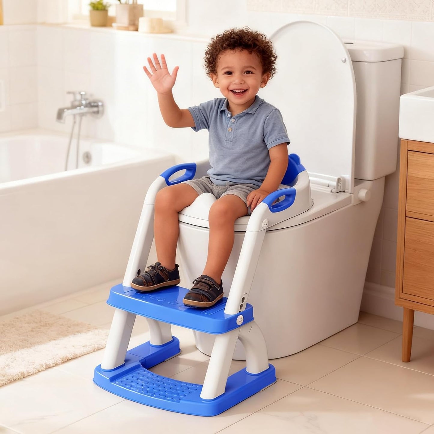 Potty Training Seat, SKYROKU Upgrade Toddler Toilet Seat for Kids Boys Girls, 2 in 1 Potty Training Toilet, Splash Guard Anti-Slip Pad Step Stool,New Sector-Shape Stabilized Base (8899+Grey)
