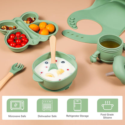 Silicone Baby Feeding Set, Baby Led Weaning Supplies, Baby Food Tableware Silicone Suction Plate, Bowl, Spoons, Fork, Waterproof Bib, Cup & Complementary Food Cake Mold, Baby Eating Utensils