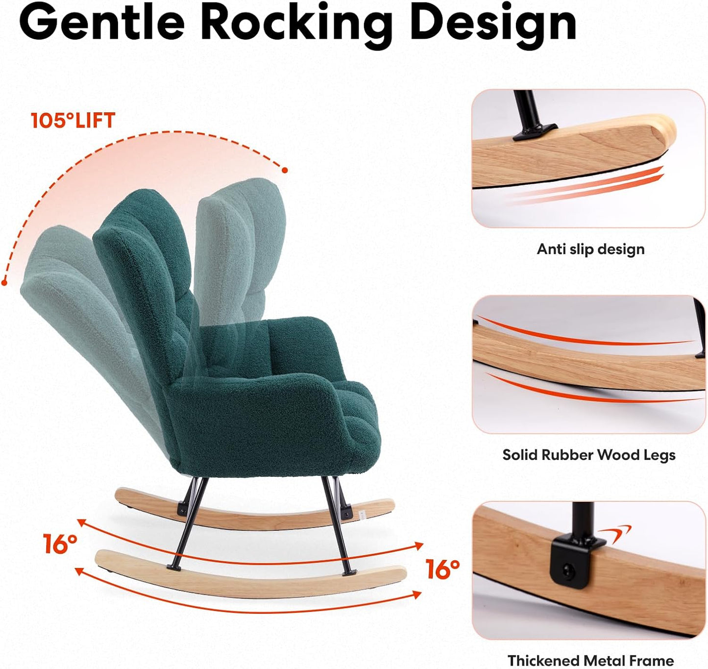 Simple Deluxe Nursery Rocking Chair, Teddy Upholstered Glider Rocker with High Backrest, Comfy Accent Armchair for Nursing & Reading, Standard Size, White