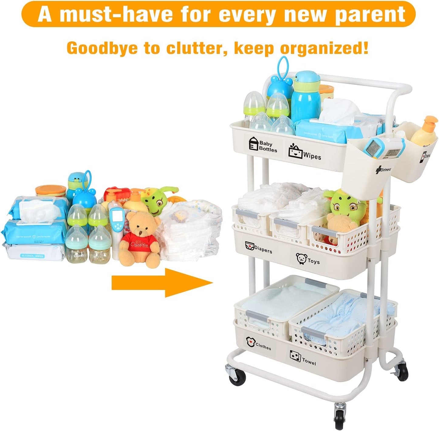 Baby Diaper Caddy Organizer Cart, 3-Tier Mobile Utility Rolling Cart with Baskets and Hanging Cups, Large Capacity Baby Essentials Storage Cart for Nursery, Changing Table & Crib, Easy to Assemble