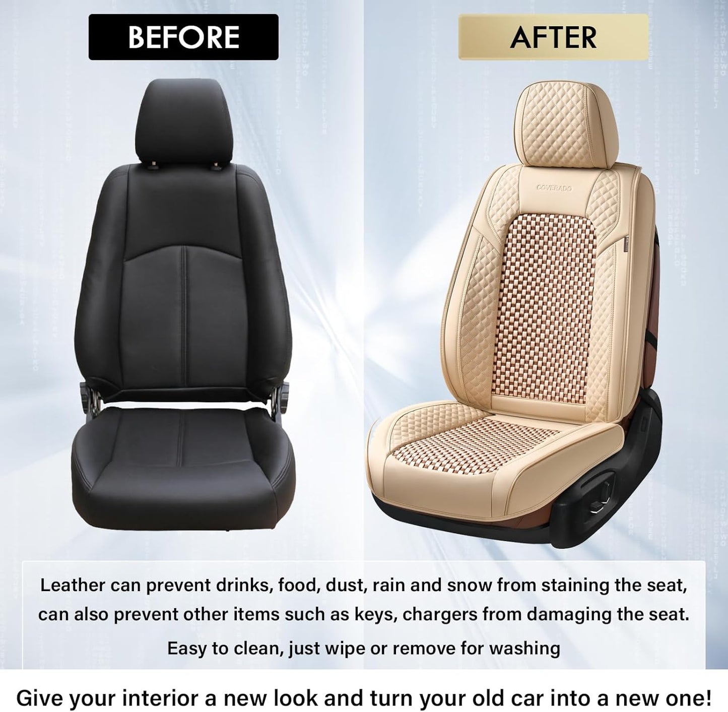 Coverado Leather Seat Covers for Car, Waterproof Car Seat Covers Full Set, 2 in 1 Conversions Car Seat Cover Protector Car Accessories Universal Fit for Most Cars SUVs and Trucks Beige