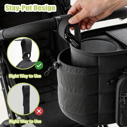Stroller Organizer Caddy with Insulated Cup Holder & Detachable Phone Purse, Lightweight Universal Stroller Caddy for Busy Moms - Black