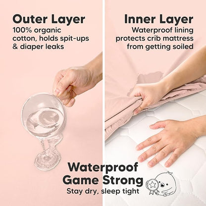 2-Pack Waterproof Crib Sheets for Boys, Girls - 52x28 Fitted Organic Cotton Baby Crib Sheets, Toddler Mattress Protector Cover, Washable, Soft & Durable Baby Bedding Essentials (Cameo)