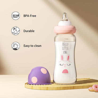 YOHKOH Natural Glass Baby Bottle with Level 1 Slow Flow Nipple, Newborn Anti-Colic Baby Bottles, Wide Neck Mushroom Baby Glass Bottle (Multicolour-A, 3.4oz (Pack of 4))
