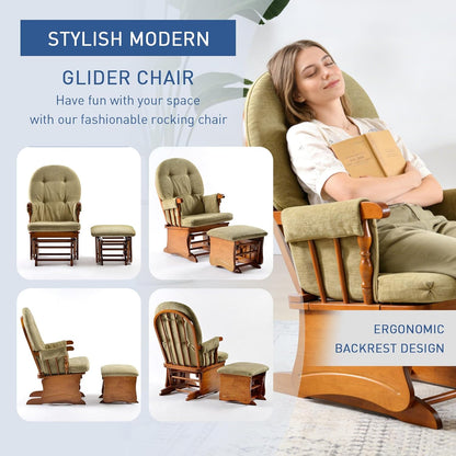 Glider Rocking Chair with Ottoman Set, Solid Wood Nursery Glider Rocker with Padded Cushion, High Back Upholstered Swivel Glider for Living Room, Nursing, Reading, 280LBS Weight Capacity,Oak+Khaki