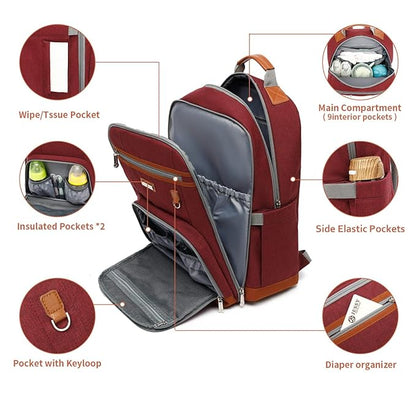 Diaper Bag Backpack, Large Baby Nappy Bags with Portable Changing Pad for Boys and GirlsMultifunction Travel Baby Bag for Moms Dads, Shower Gifts Waterproof and Stylish，Red