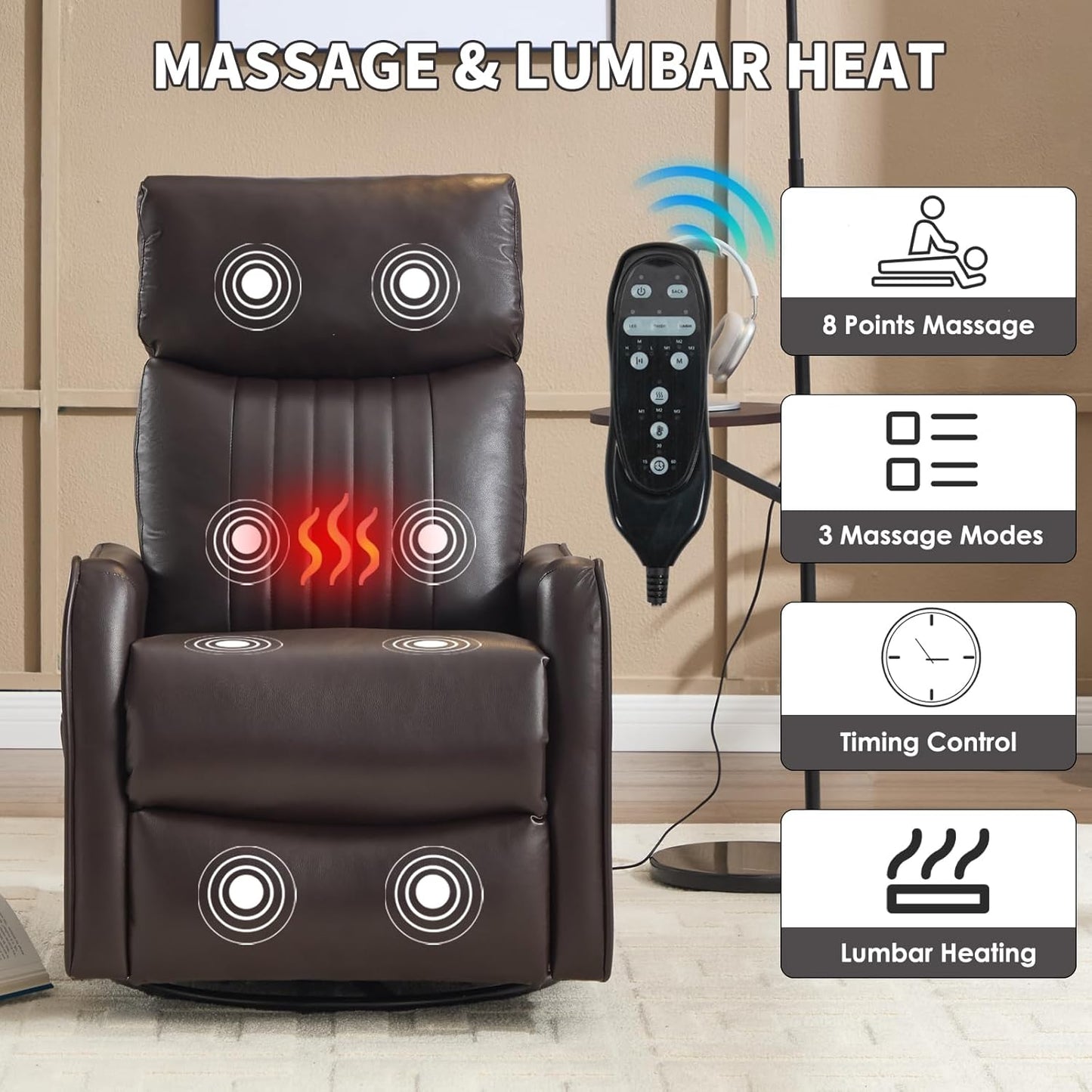 Trustyue Swivel Rocker Recliner Chair, 360° Swivel Recliner with Heat and Massage, Rocker Recliner Nursery Glider Chair with Side Pockets for Living Room (Beige, Fabric)