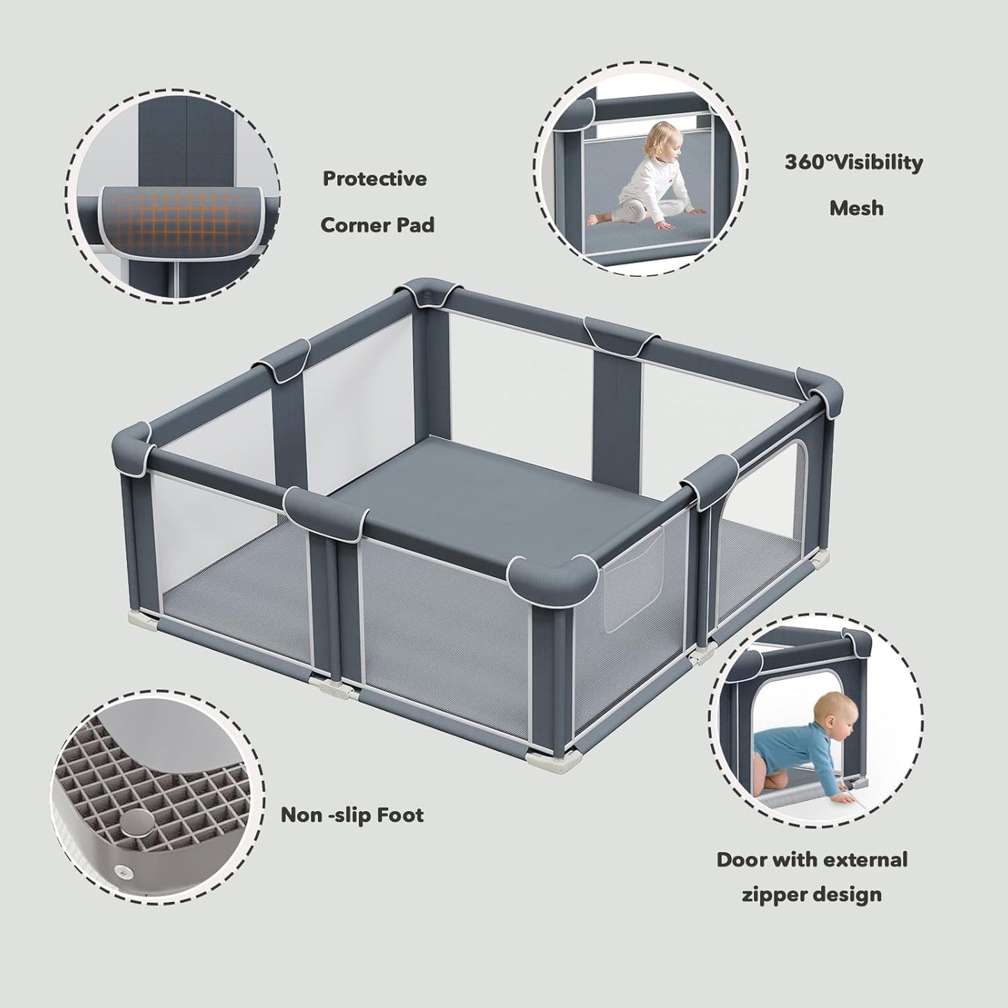 G TALECO GEAR Foldable Playpen for Babies and Toddlers, 71"x79" Portable Play Yard with Mat, Kids Collapsible Play Pen with Sturdy Metal Frame & Mesh Walls, Indoor & Outdoor Baby Fence Play Area