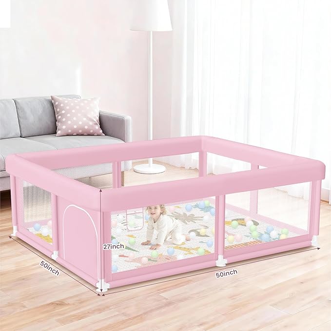 Hiaksedt Large Baby Playpen with Mat 50"x50" Baby Girl Play Pen for Babies and Toddlers, Safe Structure and Soft, Skin-Friendly Fabric with Zipper Gates Pink