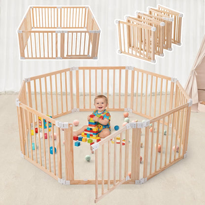 Foldable Wooden Playpen-51x51x25in-Large Baby Gate Playpen with Child-Proof Lock-Easy Assembly, Portable Design for Babies & Toddlers- Shape& Size Adjustable Baby Fence Play Area (Wood, 6 Panel)