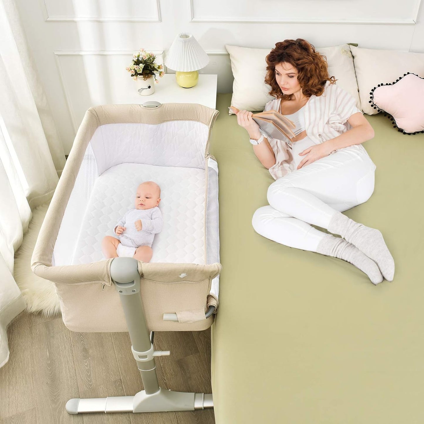 BABY JOY Baby Bedside Crib, Portable Travel Sleeper Bed Side Bassinet w/Carrying Bag, Newborn Bassinet to Infant, Kids Crib with Detachable Mattress, Height Adjustable Design, Breathable Mesh, Grey
