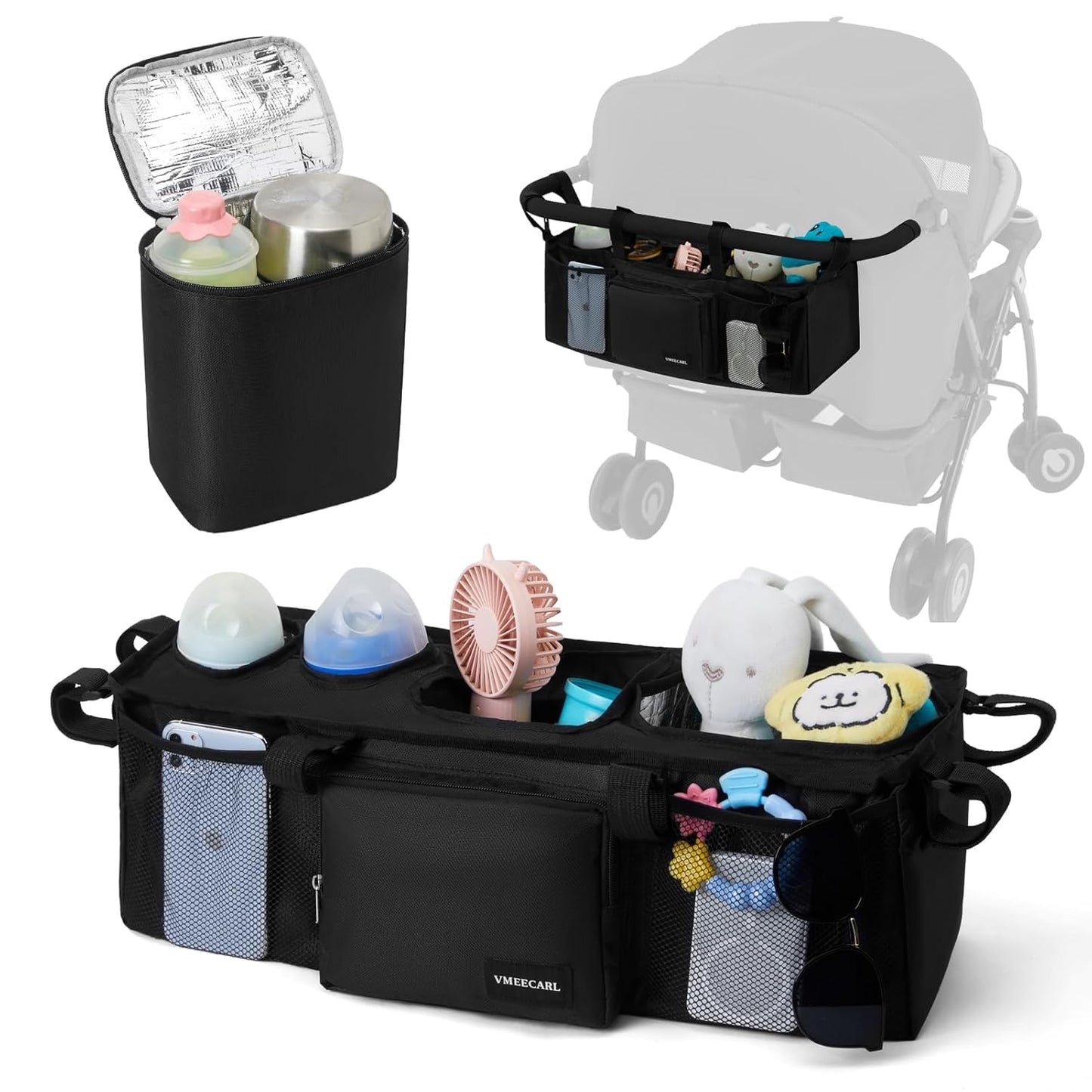 Double Stroller Organizer Universal with 2 Insulated Cup Holders & Cooler Bag, Large Storage Parent Console for Bob Duallie, Baby Jogger City Mini GT2