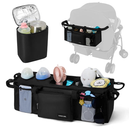 Double Stroller Organizer Universal with 2 Insulated Cup Holders & Cooler Bag, Large Storage Parent Console for Bob Duallie, Baby Jogger City Mini GT2