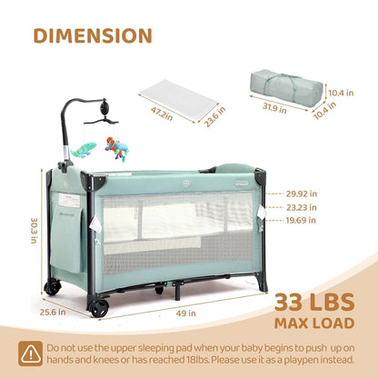 JOYMOR Baby Bassinet, Pack and Play with Bassinet and Carry Bag, Convert to Bedside Sleeper with Wheels for Boys Girls (Green)
