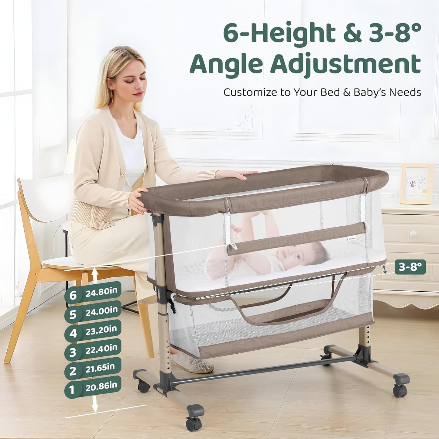 Cowiewie Bassinet Bedside Sleeper, Portable, Breathable, Adjustable Baby Bedside Bassinet for Peaceful Nights, Light Grey