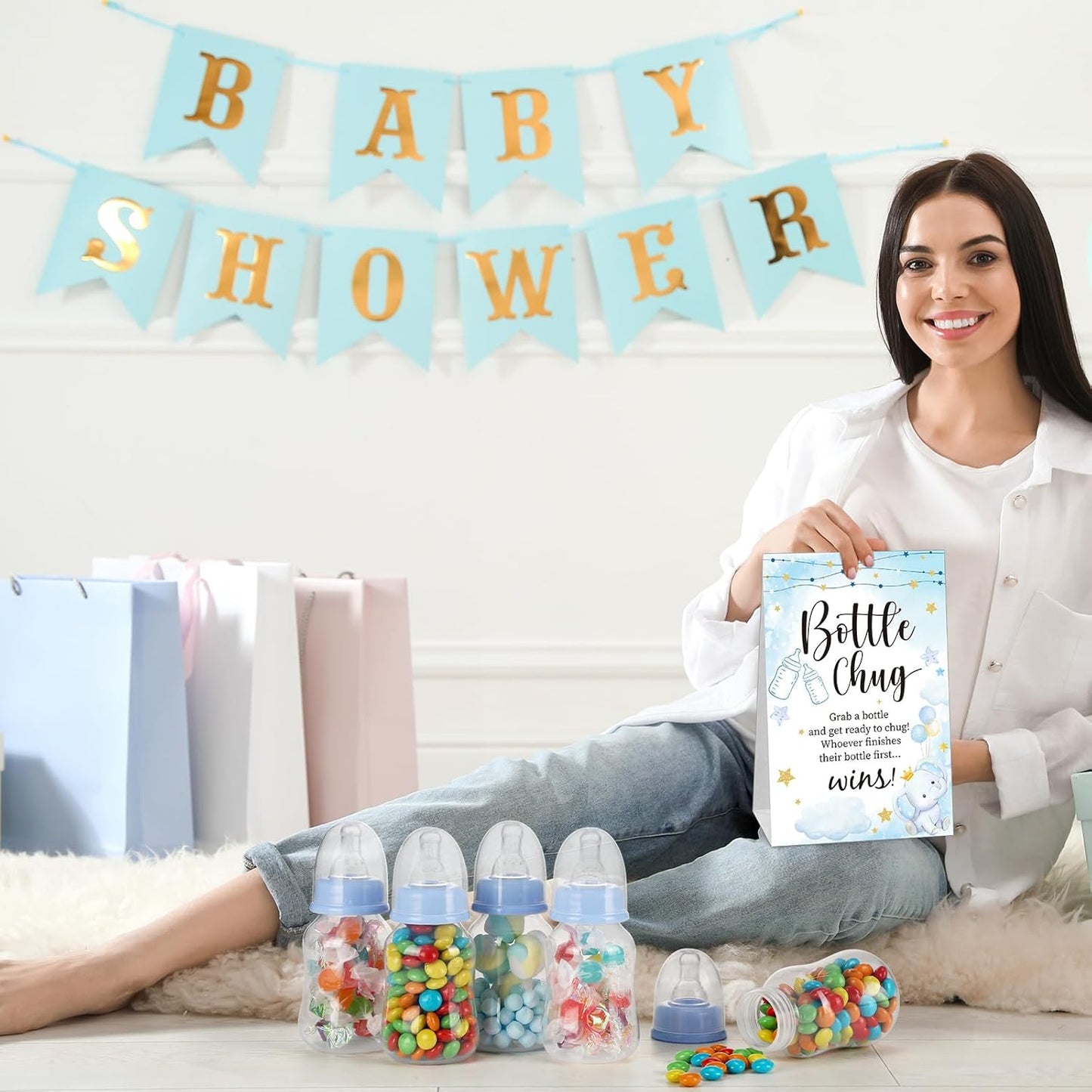 TrelaCo Bottle Chug Baby Shower Game 20 Pcs Baby Bottles Shower Favor with 1 Greenery Theme Sign for Gender Reveal Party Supplies Gifts(Green)