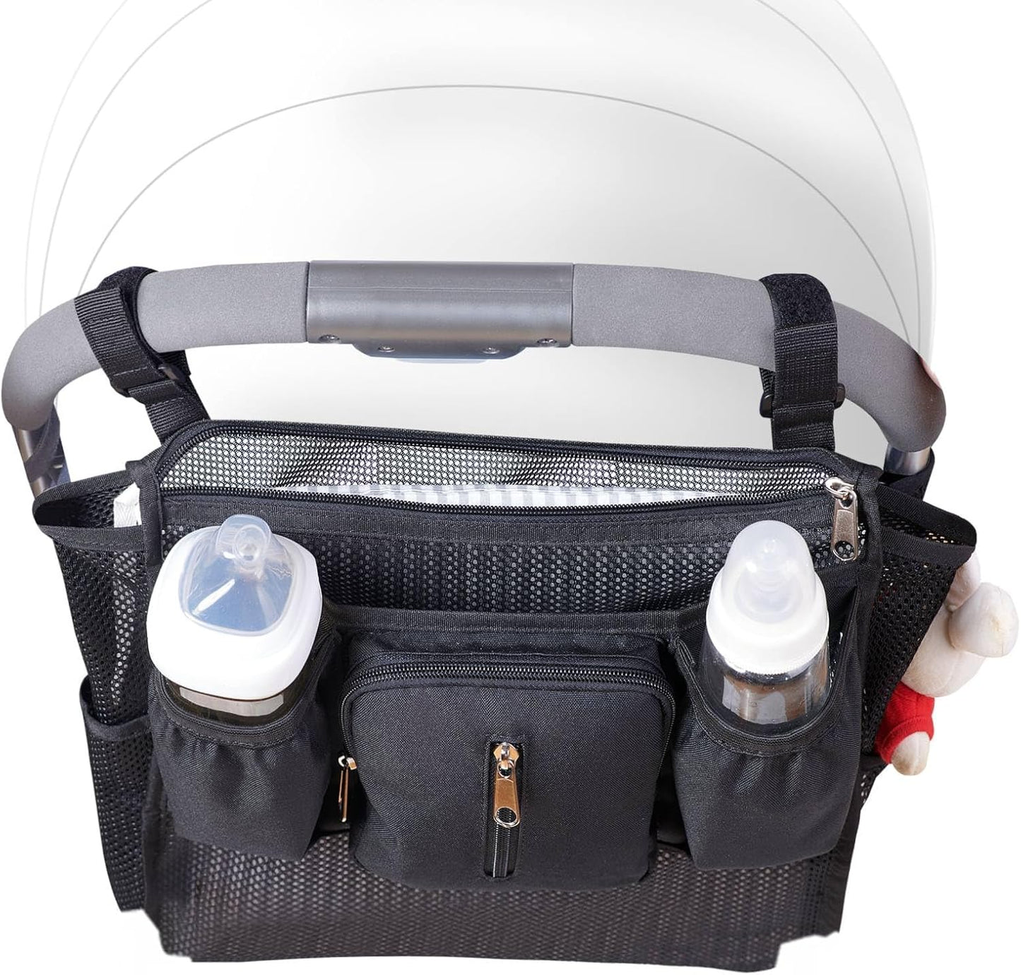 SUNVENO 2-pack Universal Stroller Organizer Caddy with Cup Holders, Wipes Pouch and Extra Storage, Zippered Mesh Side Sling for Pushchair, Black