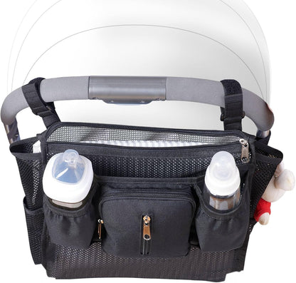 SUNVENO 2-pack Universal Stroller Organizer Caddy with Cup Holders, Wipes Pouch and Extra Storage, Zippered Mesh Side Sling for Pushchair, Black