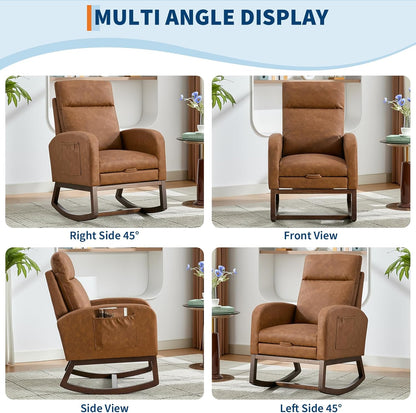 Modern Nursery Rocking Chair, Teddy Upholstered Rocking Chair with Footrest, Comfortable Rocker Recliner with Side Pocket, Rocker Glider for Living Room, Bedroom, Nursing Room
