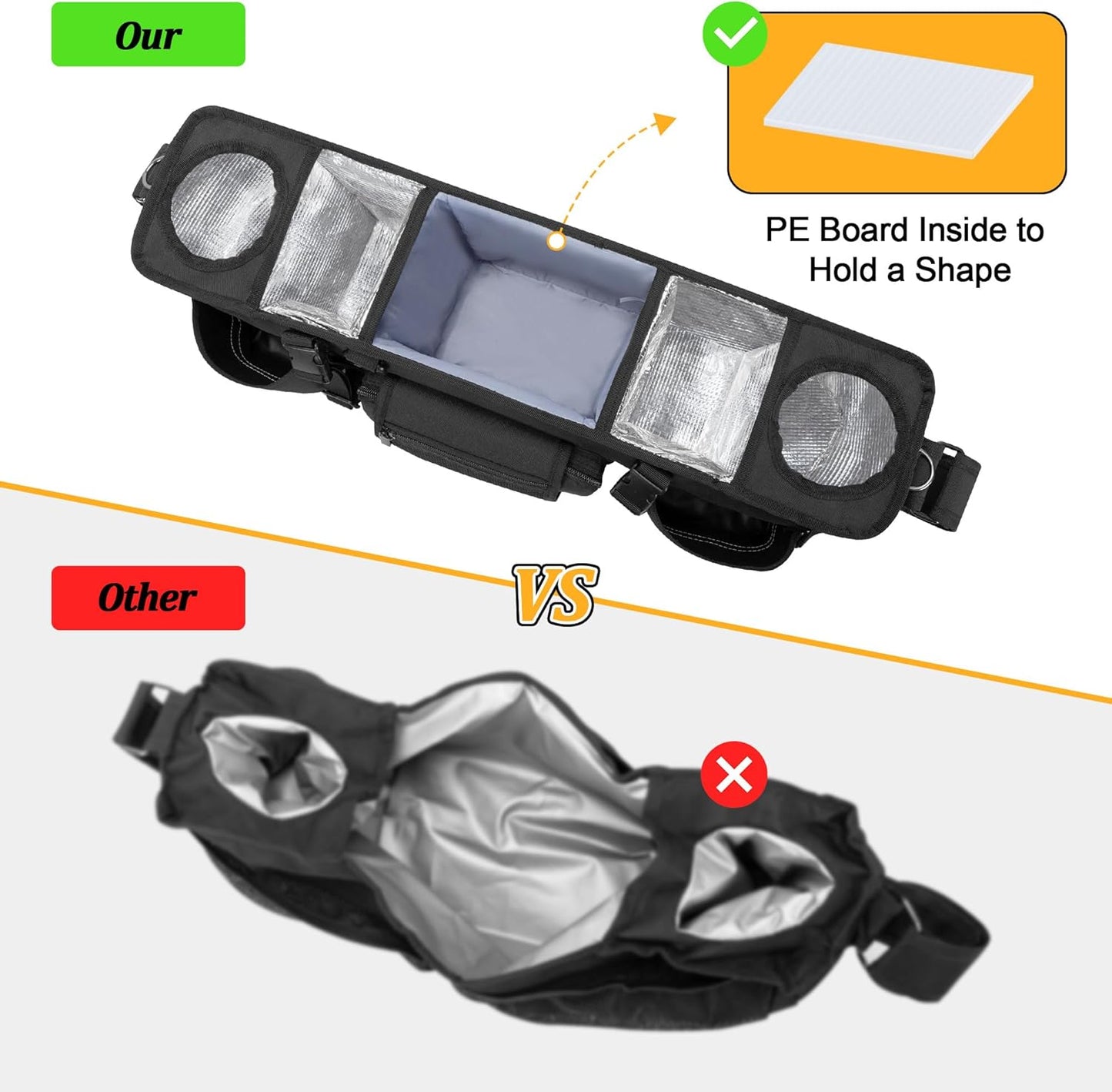GRAOSO Parent Console Stroller Organizer Compatible with WONDERFOLD W4, with Four Insulated Cup Holders, a Removable Cooler Bag, Special Board Design Make It Not Easy Collapse and Tilting, Black