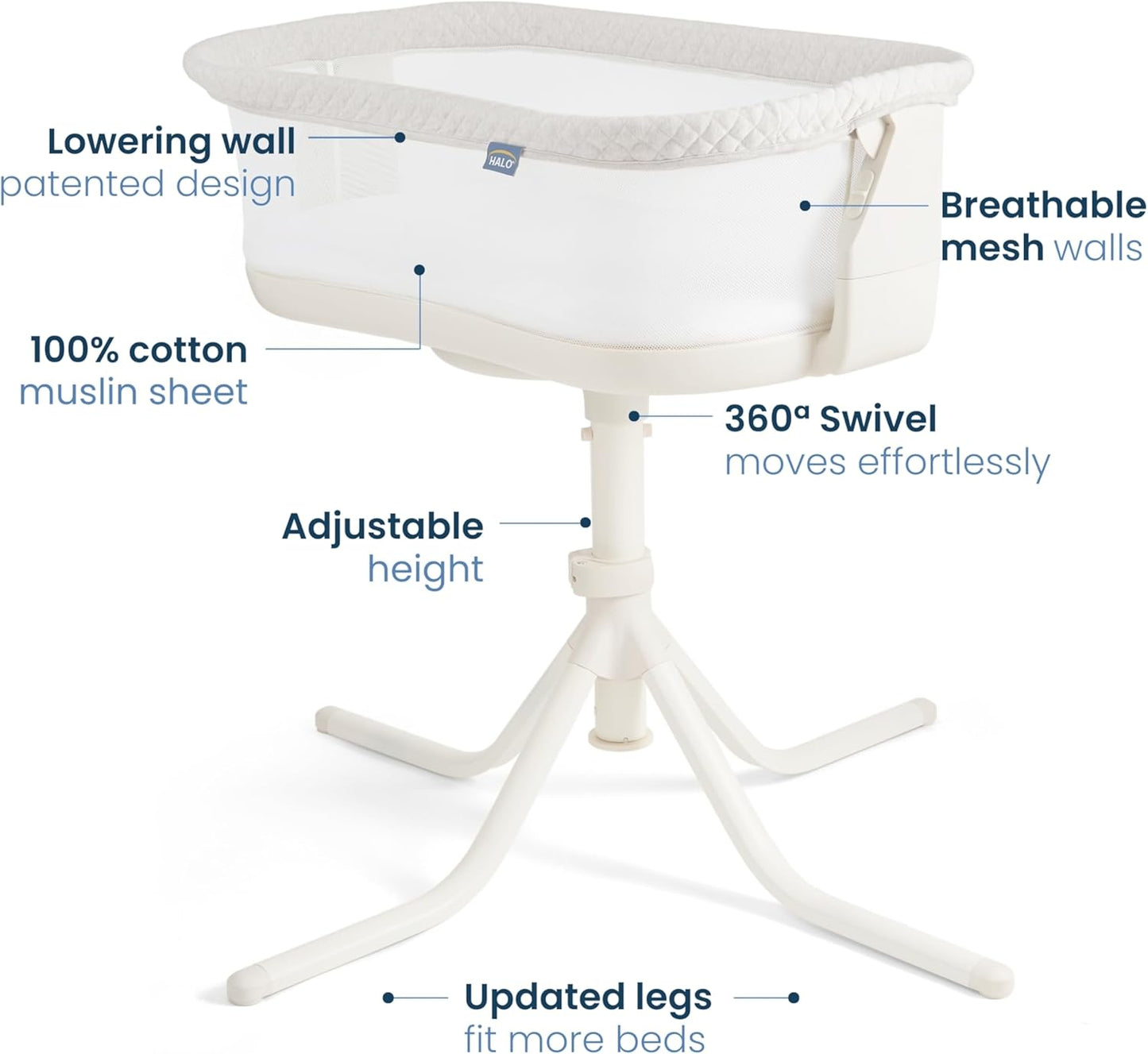 HALO BassiNest Soothing Swivel Sleeper 3.0S – Over-Bed Baby Bassinet with 360 Rotation, Adjustable Height, Breathable Mesh, Calm Sounds & Vibrations, Safe Close Sleeping, Lowering Wall for Easy Access