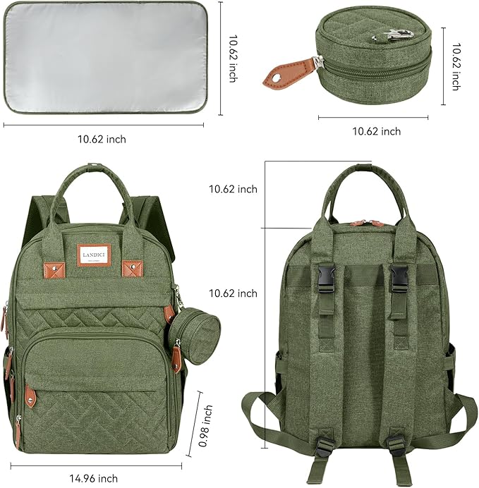 LANDICI Diaper Bag Backpack, Multifunction Baby Diaper Bags with Changing Pad, Stroller Straps & Pacifier Case, Travel Essentials Back Pack for Mom Dad Boy Girl, Large Capacity, Waterproof, Army Green
