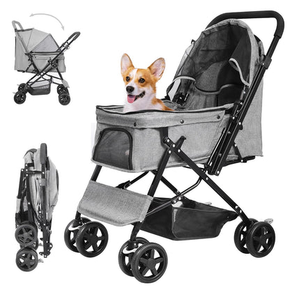 Lightweight Dog Stroller with Reversible Handle for Medium Small Dogs and Cats, Foldable Pet Stroller Travel Carriage with Large Storage Basket, 4 Wheels, Black