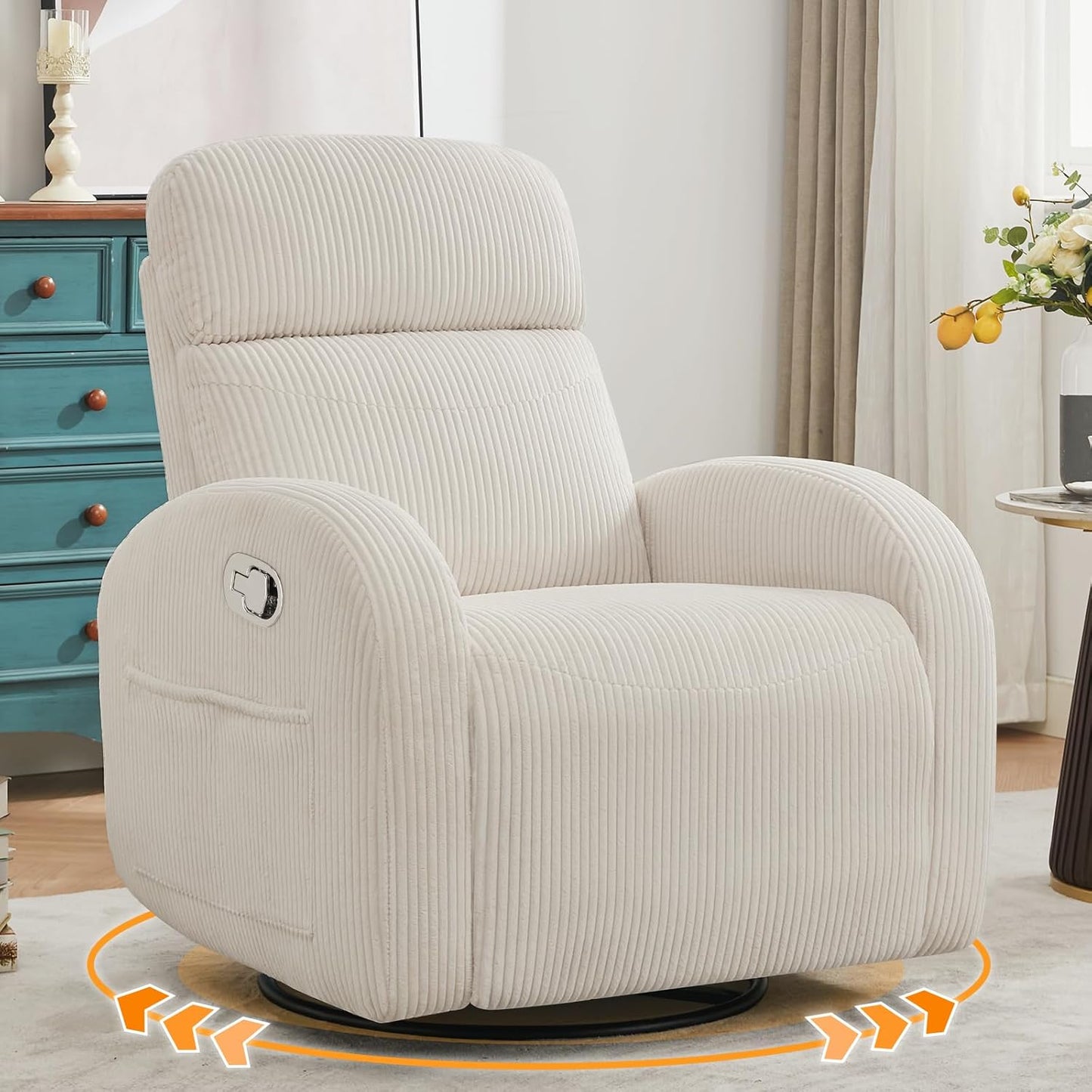 Nursery Glider Recliner, Power Swivel Rocking Recliner with USB & Type-C Port, Swivel Nursering Reclining Rocker with Double Pockets for Living Room, Camel Chenille