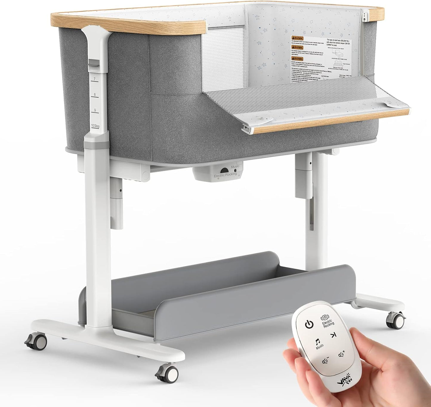 VaVaSoo Electric Rocking Bassinet for Baby Automatic Bedside Sleeper Rocks Itself 3 Speeds Auto Rolling Newborn Cradle 5 Height Adjustable with Music, Wheels, Storage, Dark Grey