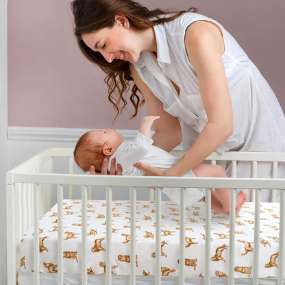 LifeTree Crib Sheets for Baby Unisex - Muslin Fitted Crib Sheets Toddler Bed Sheet, 70% Viscose from Bamboo and 30% Cotton, Fits Mini Crib & Pack and Play Playard, Bear, 26in x 38in