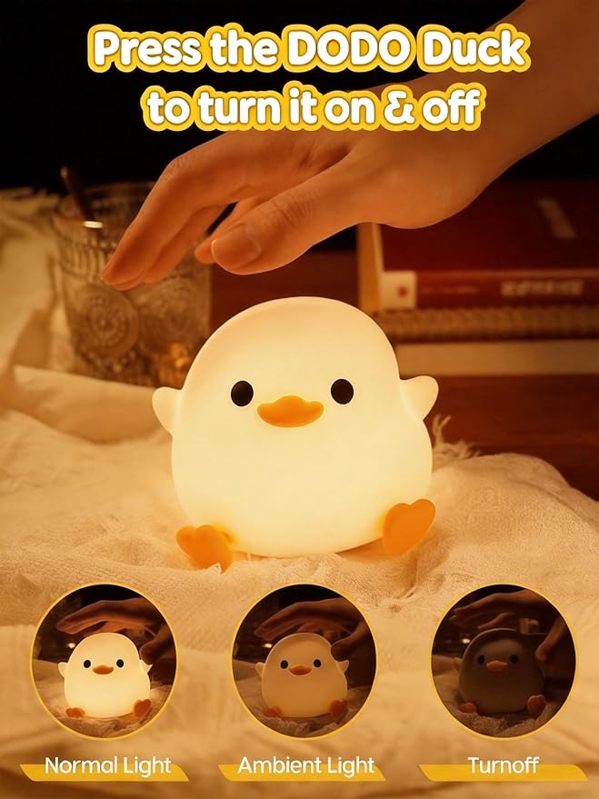 Amaredom DoDo Duck Night Light, Cute Duck Lamp, Silicone Dimmable Nursery Nightlight, Rechargeable LED Bedside Lamp with 20 Minutes Timer & Tap Control Baby Girls Women Bedrooms, Living Room