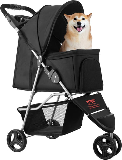 VEVOR Pet Stroller, 44 lbs Weight Capacity, Foldable Dog Cart, 4 Wheels Cats Stroller with Mesh Windows & Revrsible Handle, Portable Pet Carrier with Brake, for Small to Medium Pets