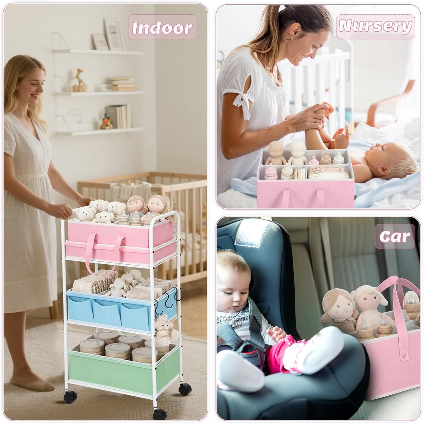 Honeydak 2in1 Baby Diaper Caddy Organizer Cart 3 Tier Large Capacity Metal Utility Bedside Rolling Cart with Divider Newborn Registry Nursery Essential Must Have Crib Bedroom Baby Shower(Green)