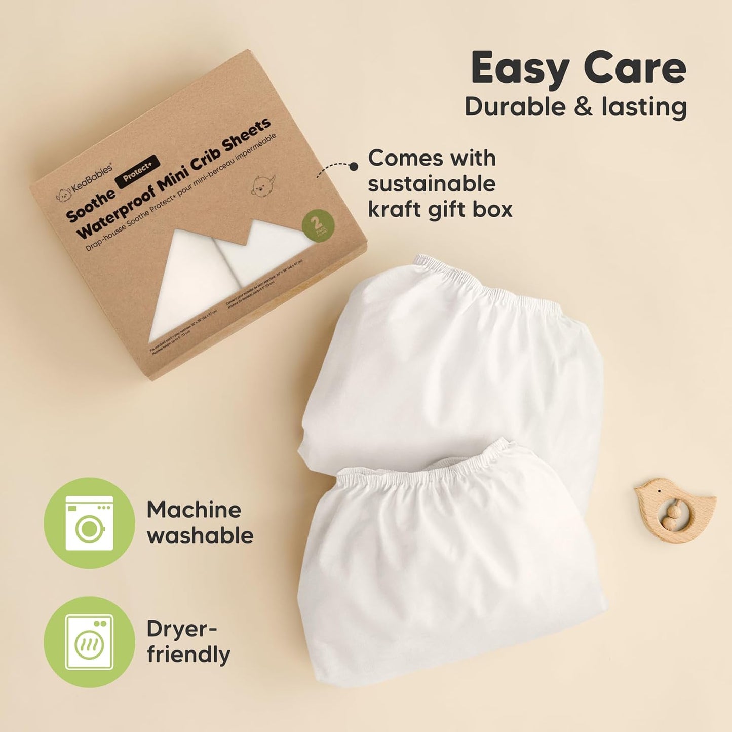 2 Pack and Play Sheets, Waterproof Mini Crib Sheets Fitted - 38x26 Organic Cotton Pack N Play Sheets for Graco Pack and Play Mattress, Playard Baby Crib Sheets,Neutral for Boy,Girl,Toddler(KeaSafari)