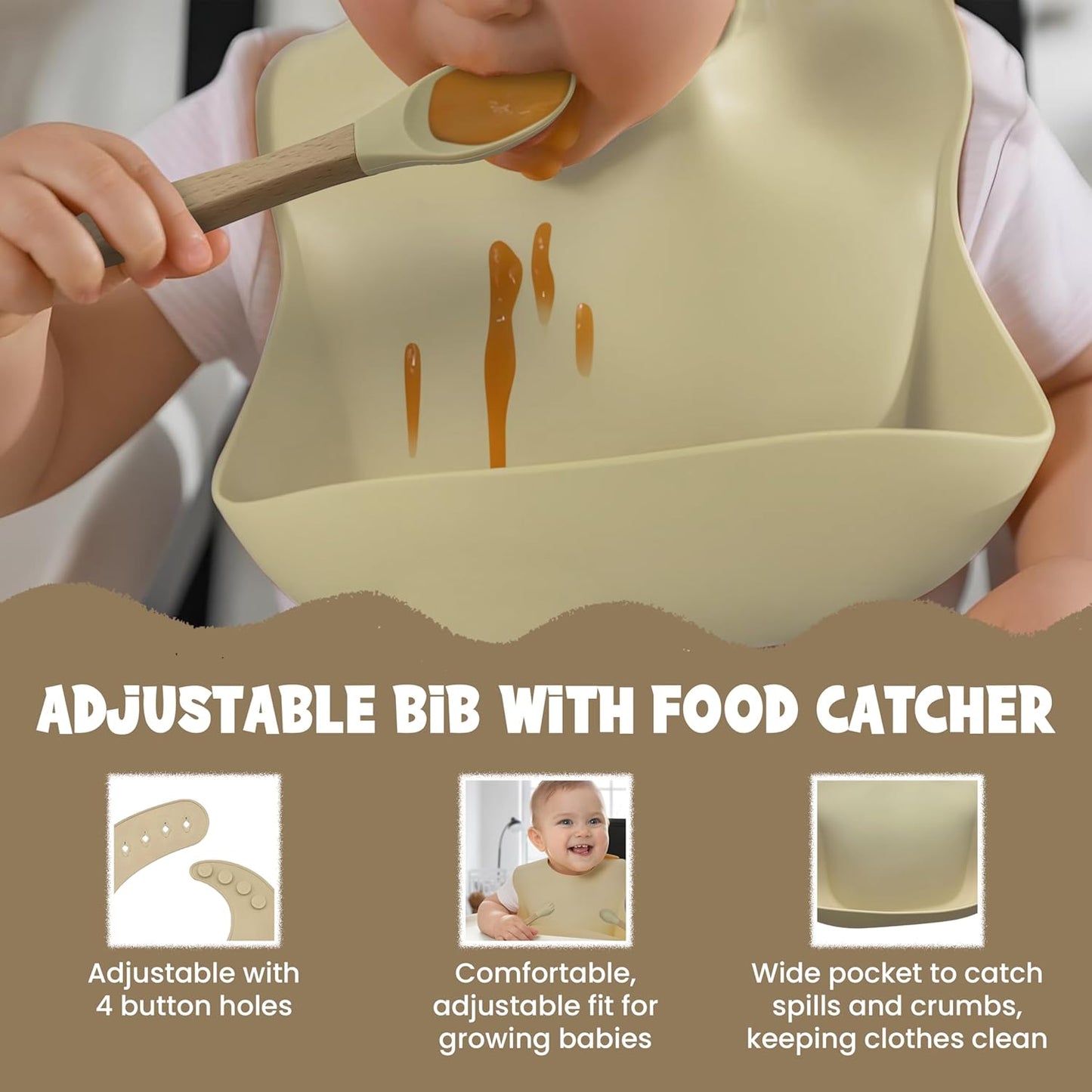 Baby Feeding Essentials, Baby Led Weaning Supplies, Silicone Baby Feeding Set, with Baby Spoon, Fork, Baby Bib, Sippy Cup, Suction Plate, Suction Bowl, Baby Eating Essentials, 6+ Months (Beige)