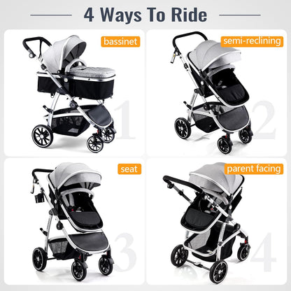 Baby Stroller, 2-in-1 Reversible Toddler Seat with Lie-Flat Mode, Foldable Infant Stroller with Canopy, One Button Brake, Adjustable Handle, Newborn Pushchair (Black B)