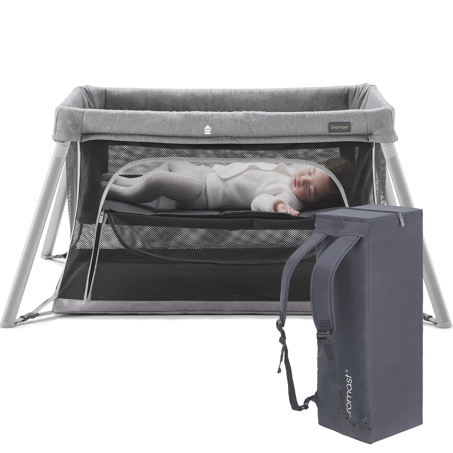 Gromast 2 in 1 Portable Travel Crib for Toddler, Foldable Crib for Baby, Lightweight Playpen Collapsible Playard with Soft Mattress, Easy to Carry Baby Travel Bed for Outdoor, Indoor (Grey)